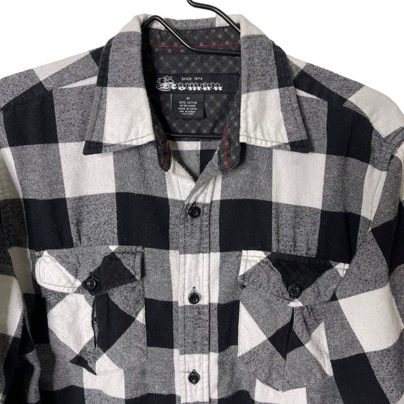 Koman Mens M Black and White Plaid Flannel Shirt Long Sleeve Button Chest Pocket - Picture 3 of 12